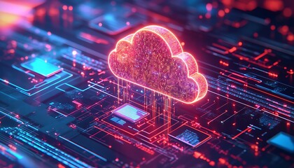 Poster - Glowing Cloud with Data Flow Connecting Servers, Laptops, and Mobile Devices Symbolizing Integrated Systems
