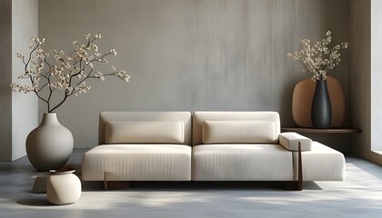 Wall Mural - Stylish minimalistic interior showcasing a contemporary sofa and chic vase, perfect for home staging inspiration.