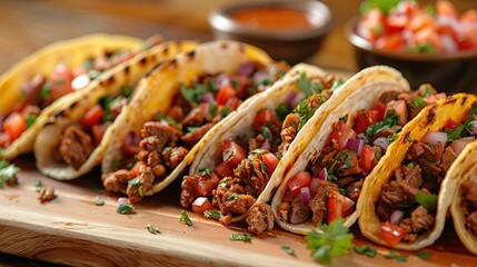 Wall Mural - Delicious Tacos with Meat, Tomato and Onion