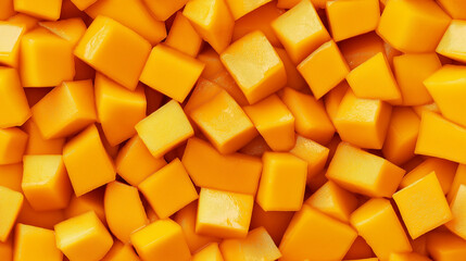 Wall Mural - a close-up, top-down view of diced mangoes spread across the entire frame, filling the image with their vibrant orange-yellow color and smooth texture in uniform cubes