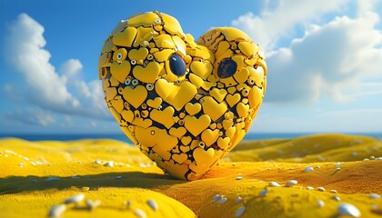 Wall Mural - Vibrant 3D yellow heart of smiling faces, embodying joy and unity in a captivating display of happiness and positivity through AI generative art