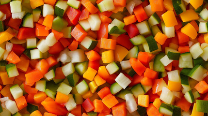 a close-up, top-down view of diced vegetables spread across the entire frame, filling the image with a colorful assortment of shapes and textures