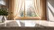© Rahmat  - Beige marble table top on window background with curtains in kitchen. Concrete empty countertop for beauty products and food presentation. Stand with sunlight. room with window