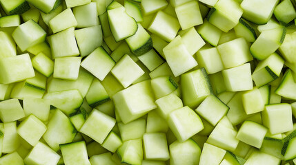 Wall Mural - a close-up, top-down view of diced zucchini spread across the entire frame, filling the image with their light green color and uniform cubic shapes