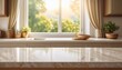 © Rahmat  - Beige marble table top on window background with curtains in kitchen. Concrete empty countertop for beauty products and food presentation. Stand with sunlight. room with window
