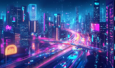 Poster - Futuristic Smart City with Glowing Digital Networks Connecting Buildings and Infrastructure
