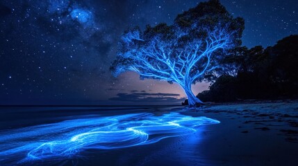 Canvas Print - Night Sky, Tree, and Glowing Waves