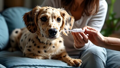 joyful pet enjoying flea treatment application from owner, soft natural light fills cozy English home