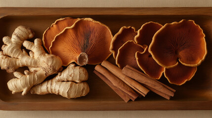 Wall Mural - whole reishi mushrooms alongside dried ginger root and cinnamon sticks arranged on a rustic wooden tray against an isolated warm ochre background