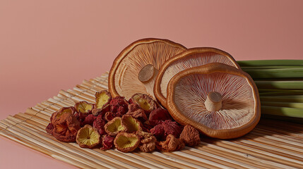 Wall Mural - whole reishi mushrooms next to a bundle of lemongrass and a pile of dried rose hips on a bamboo mat against an isolated soft pink background