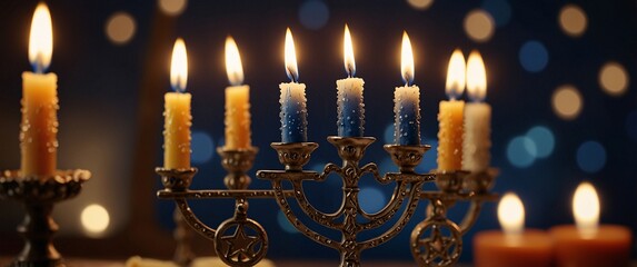 menorah glow: a silver menorah with flickering candles illuminates a festive scene, radiating warmth
