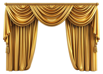 Wall Mural - Golden stage curtains with a valance and tassels are isolated on a white background