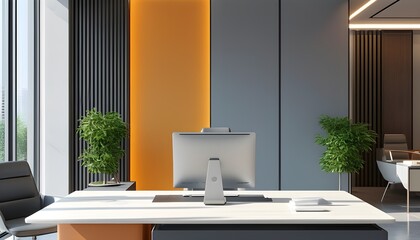 Canvas Print - contemporary workspace design with a wide view showcasing muted colors and AI-generated elements