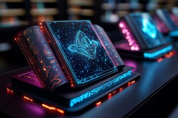 Poster - Fantasy library where enchanted books teach digital literacy, with glowing screens and magical tools guiding students through online learning