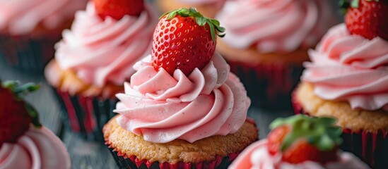 Wall Mural - Group Of Homemade Strawberry Cupcakes With The Focus Made On One