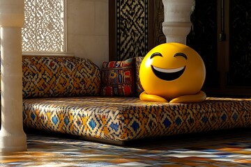 Wall Mural - Smiling Emoji on a Colorful Couch in an Arabic-Style Room