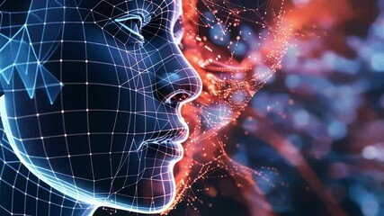 Poster - Abstract 3d wireframe face merging with glowing dots symbolizes ai and human brain integration, evoking themes of neural enhancement and future neurotechnology