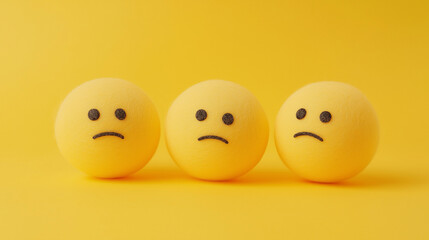 emotional, mood, sadness concept: three yellow balls with sad faces arranged in a slightly slumped pattern against an isolated soft yellow background