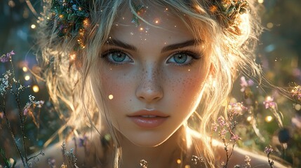 Enchanted Portrait: A Woman Surrounded by Light and Flowers