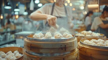 Wall Mural - Steaming Fresh Dumplings in a Busy Market