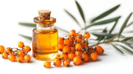 Isolated white background with sea buckthorn berries and oil bottle
