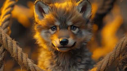 Wall Mural - A cute wolf pup with big blue eyes looks directly at the camera with a playful expression.