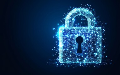 Fototapete - Cybersecurity concept symbol made of glowing dots on a blue background, featuring a polygonal line grid in an abstract digital network design. Ideal for online protection and data safety themes.
