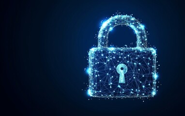Fototapete - Cybersecurity concept symbol made of glowing dots on a blue background, featuring a polygonal line grid in an abstract digital network design. Ideal for online protection and data safety themes.