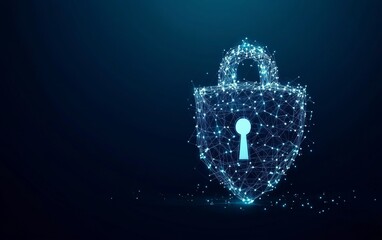 Fototapete - Cybersecurity concept symbol made of glowing dots on a blue background, featuring a polygonal line grid in an abstract digital network design. Ideal for online protection and data safety themes.