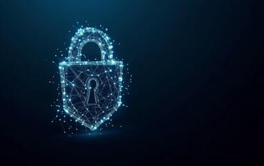 Fototapete - Cybersecurity concept symbol made of glowing dots on a blue background, featuring a polygonal line grid in an abstract digital network design. Ideal for online protection and data safety themes.