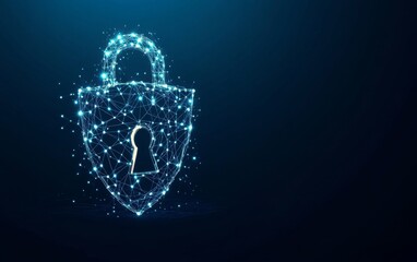 Fototapete - Cybersecurity concept symbol made of glowing dots on a blue background, featuring a polygonal line grid in an abstract digital network design. Ideal for online protection and data safety themes.