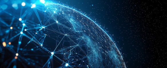 Fototapete - Abstract digital planet Earth with glowing network connections and data lines on a dark blue background, offering 2/3 space for text. Ideal for technology, global communication, or data-driven project