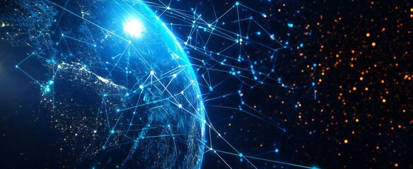 Fototapete - Abstract digital planet Earth with glowing network connections and data lines on a dark blue background, offering 2/3 space for text. Ideal for technology, global communication, or data-driven project