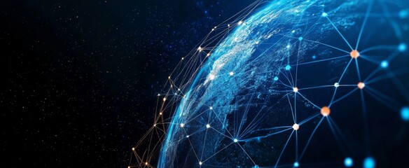 Fototapete - Abstract digital planet Earth with glowing network connections and data lines on a dark blue background, offering 2/3 space for text. Ideal for technology, global communication, or data-driven project