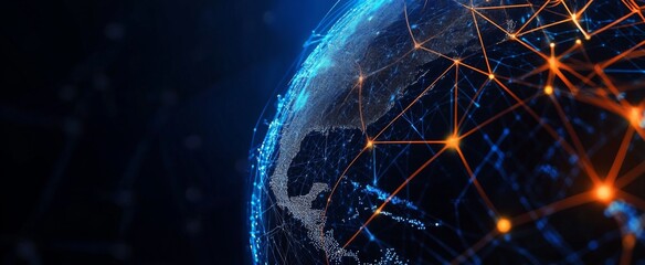 Fototapete - Abstract digital planet Earth with glowing network connections and data lines on a dark blue background, offering 2/3 space for text. Ideal for technology, global communication, or data-driven project