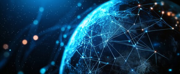 Fototapete - Abstract digital planet Earth with glowing network connections and data lines on a dark blue background, offering 2/3 space for text. Ideal for technology, global communication, or data-driven project