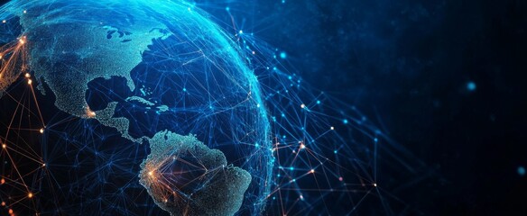 Fototapete - Abstract digital planet Earth with glowing network connections and data lines on a dark blue background, offering 2/3 space for text. Ideal for technology, global communication, or data-driven project