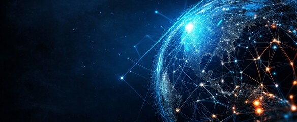 Fototapete - Abstract digital planet Earth with glowing network connections and data lines on a dark blue background, offering 2/3 space for text. Ideal for technology, global communication, or data-driven project