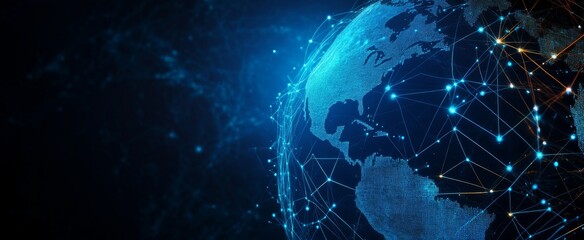 Fototapete - Abstract digital planet Earth with glowing network connections and data lines on a dark blue background, offering 2/3 space for text. Ideal for technology, global communication, or data-driven project