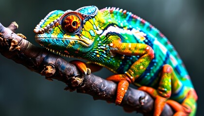 Vibrant close-up of a chameleon lizard resting on a tree branch in a lush, colorful environment