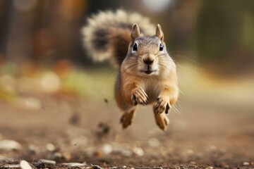 A squirrel running on a dirt road with leaves and grass. AI.