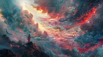 Wall Mural - a painting of a man standing on top of clouds. ai.