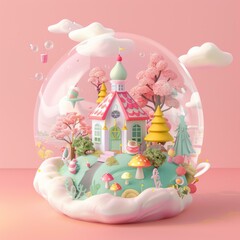 Wall Mural - A bubble with a house inside it on top of pink background. AI.