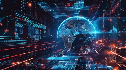 Poster - A futuristic image of the earth surrounded by glowing lines. AI.
