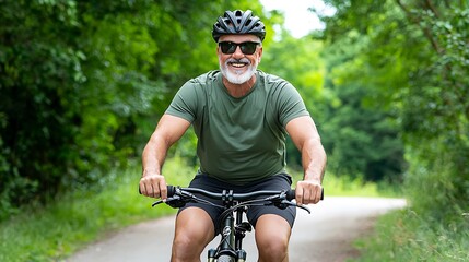 A senior man rides a mountain bike trail, his smile bright as he embraces the thrill of the ride.