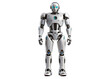 © md-SK - A white humanoid robot stands against a white background. It has blue lights for eyes and a circular light on its chest. Its arms are slightly bent and its hands are open