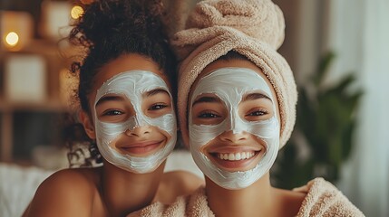 Two beautiful women smile beneath their face masks, eyes bright with joy.