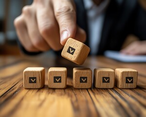 Poster - Option to approve or reject on wooden blocks with businessman working in background Document approval , project assessment evaluation acceptance, and quality assurance
