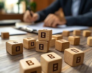 Poster - Option to approve or reject on wooden blocks with businessman working in background Document approval , project assessment evaluation acceptance, and quality assurance
