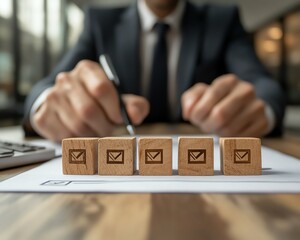 Poster - Option to approve or reject on wooden blocks with businessman working in background Document approval , project assessment evaluation acceptance, and quality assurance